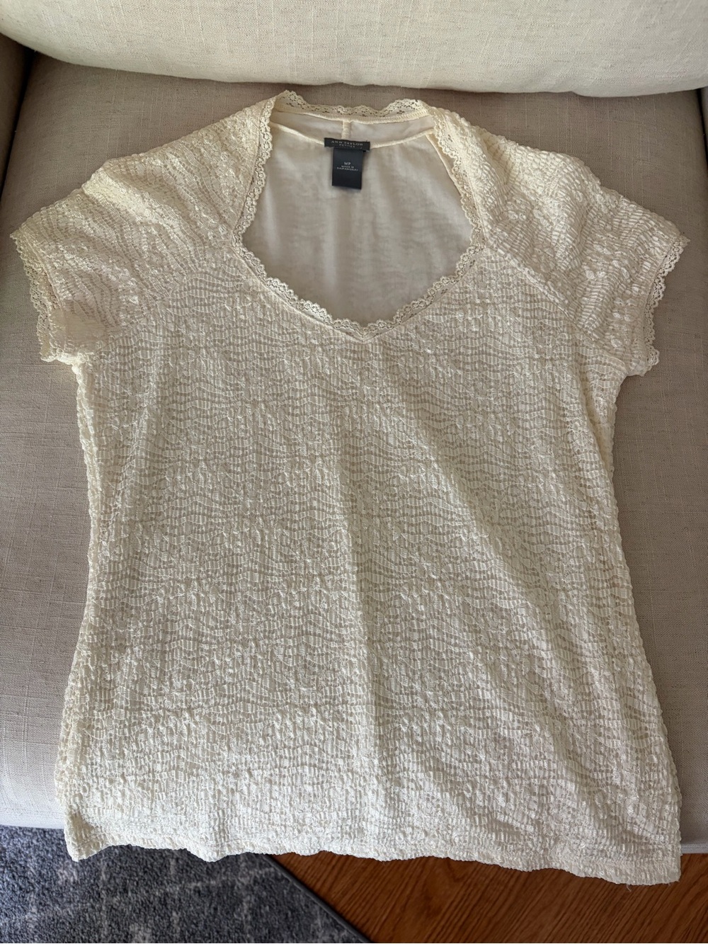 Ann Taylor Cream Lace-Trim Short Sleeve Tee
